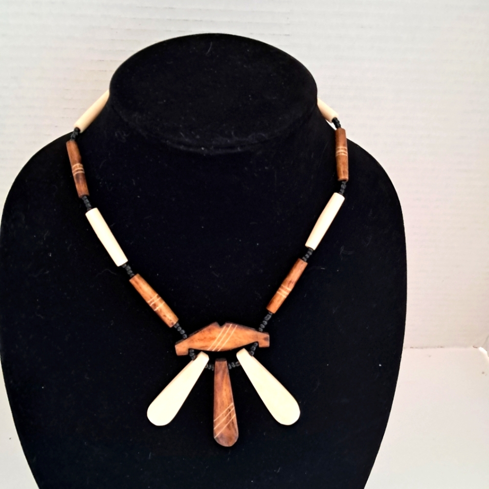 1930's Horn Bone Cream Brown Bovine Art Deco Necklace Vintage